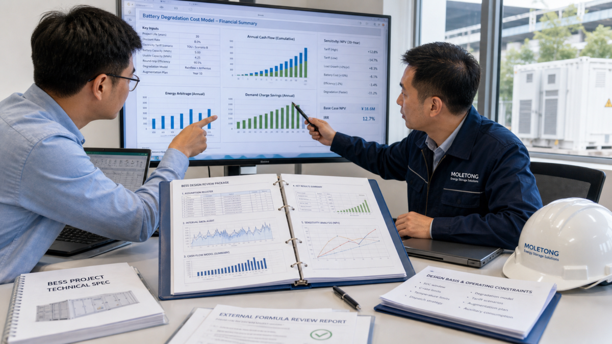 Two engineers in an office point to a spreadsheet and technical documents during a BESS design review meeting.