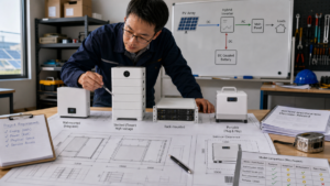 An engineer comparing different solar battery form factors on a design blueprint in a workshop.