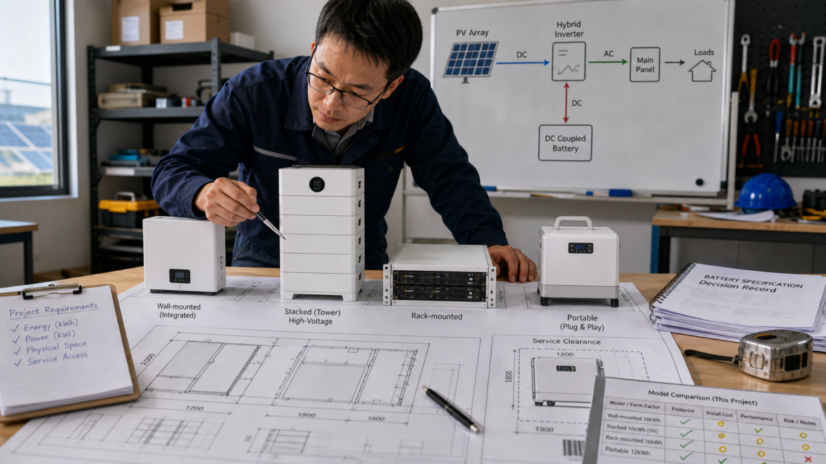 An engineer comparing different solar battery form factors on a design blueprint in a workshop.