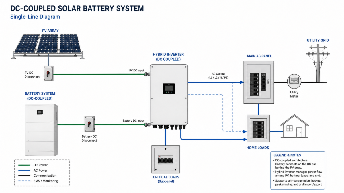 A detailed single-line diagram showing a DC-coupled solar battery connected to a hybrid inverter.