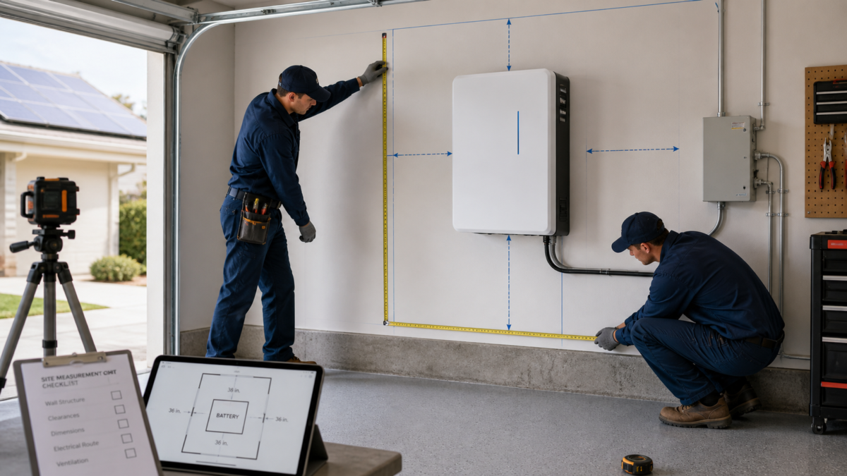 An installation team carefully measuring wall space for a wall-mounted residential solar battery in a garage.