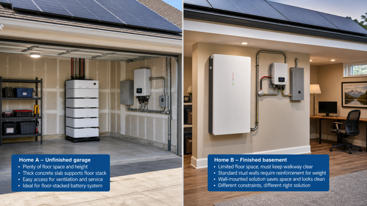 A split-screen image showing two different homes with unique solar battery installation challenges.