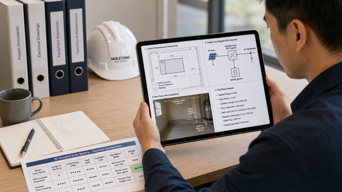 A project manager reviewing a clear set of documents: a layout, a diagram, and a photo on a tablet.