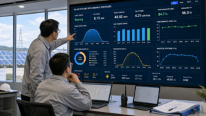 Engineers reviewing solar plant performance data on a screen showing graphs and KPIs