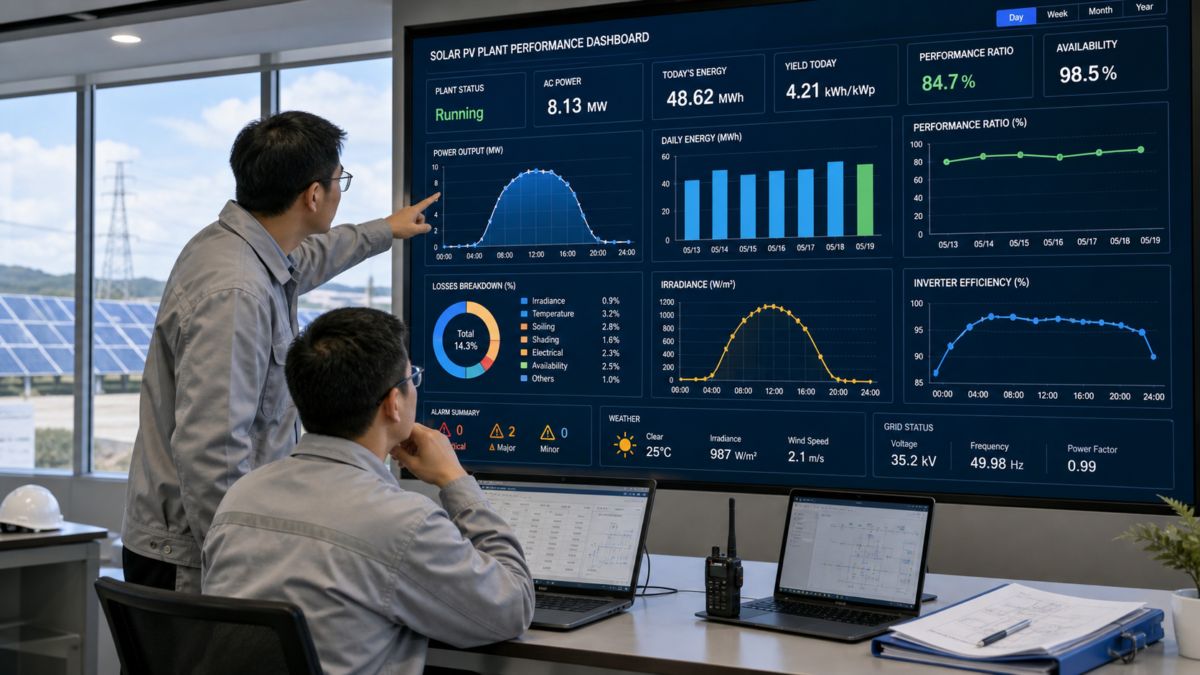 Engineers reviewing solar plant performance data on a screen showing graphs and KPIs