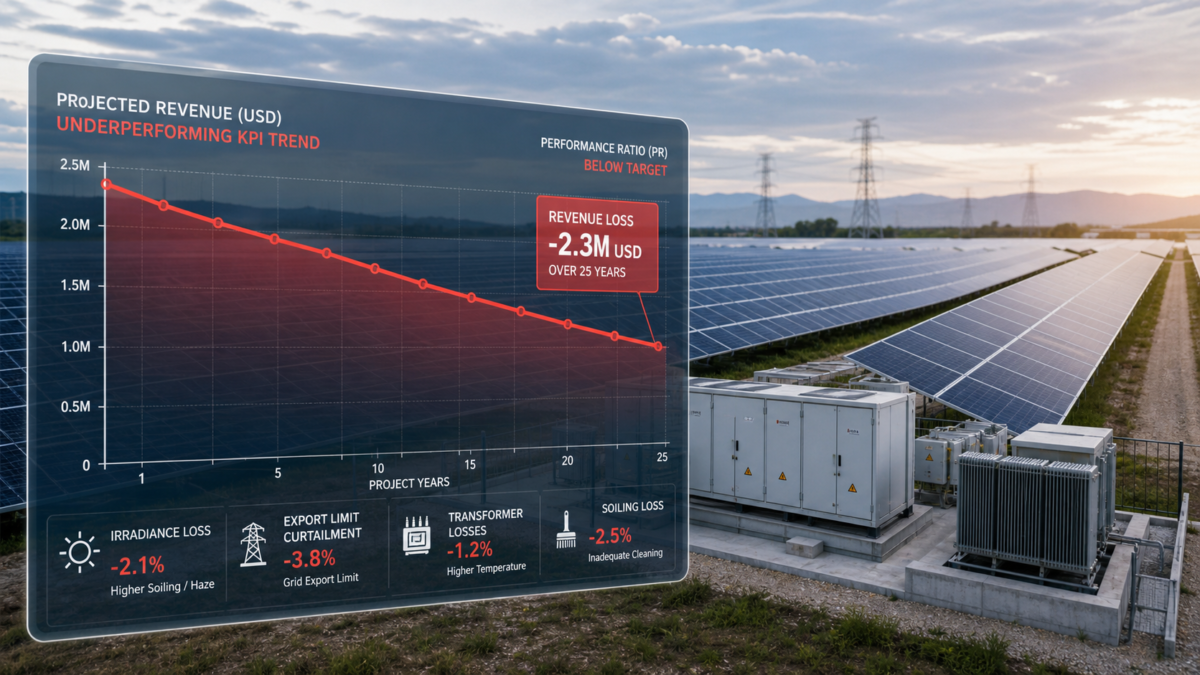 A financial chart showing a declining line graph over a backdrop of a solar farm