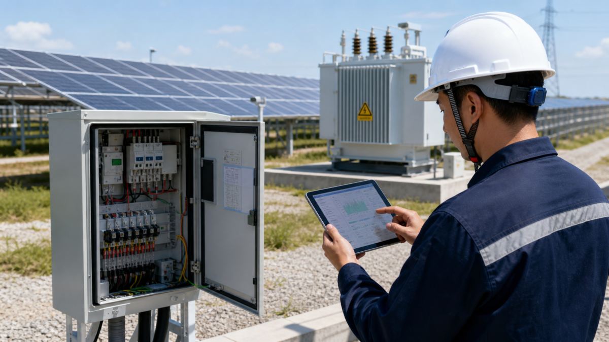 A technician on-site at a solar farm using a tablet to test equipment performance