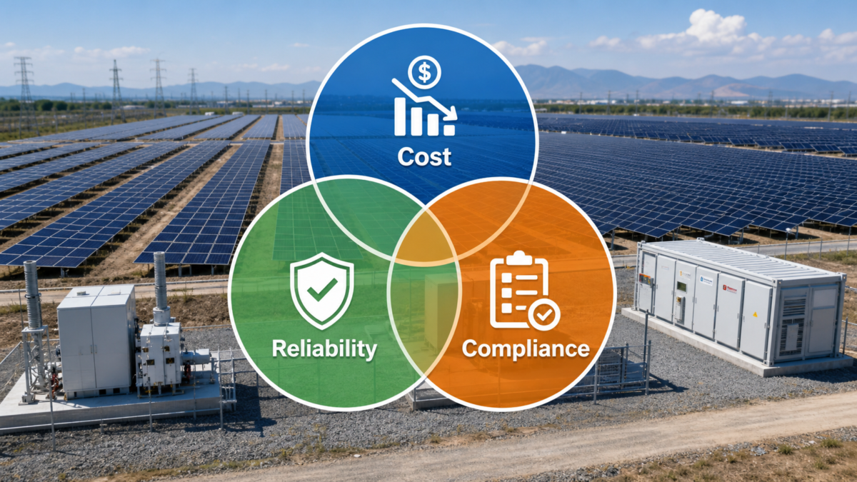 A diagram with three interlocking circles labeled Cost, Reliability, and Compliance over a solar plant
