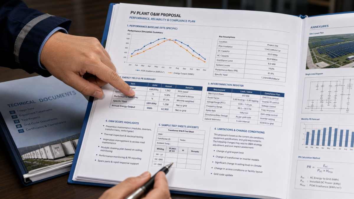 A person's hands pointing to a detailed technical document with charts and data tables