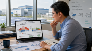 A business owner analyzing a chart comparing energy costs with and without solar battery storage