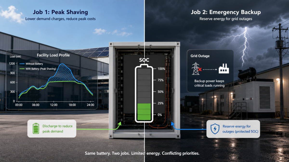 Visualizing Battery Service Conflicts and State of Charge A split-screen diagram showing a battery simultaneously trying to shave peaks and reserve power for an outage