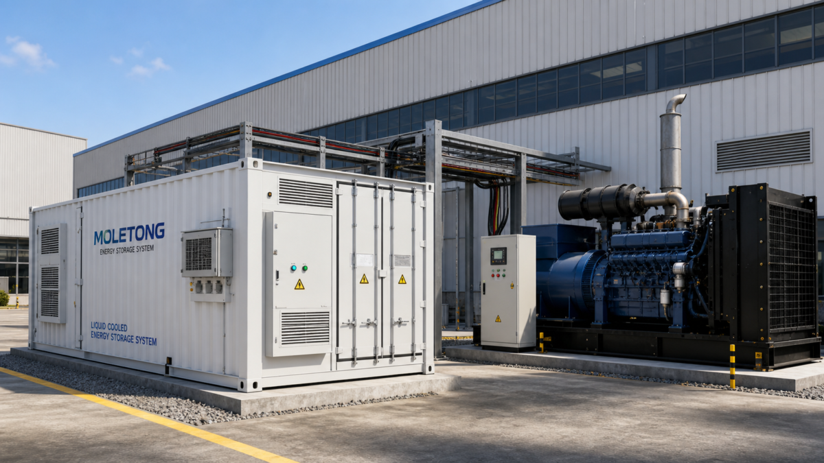 Integrating Battery Storage with Diesel Generators for Reliability An industrial-grade Moletong containerized battery system installed next to a large diesel generator at a factory