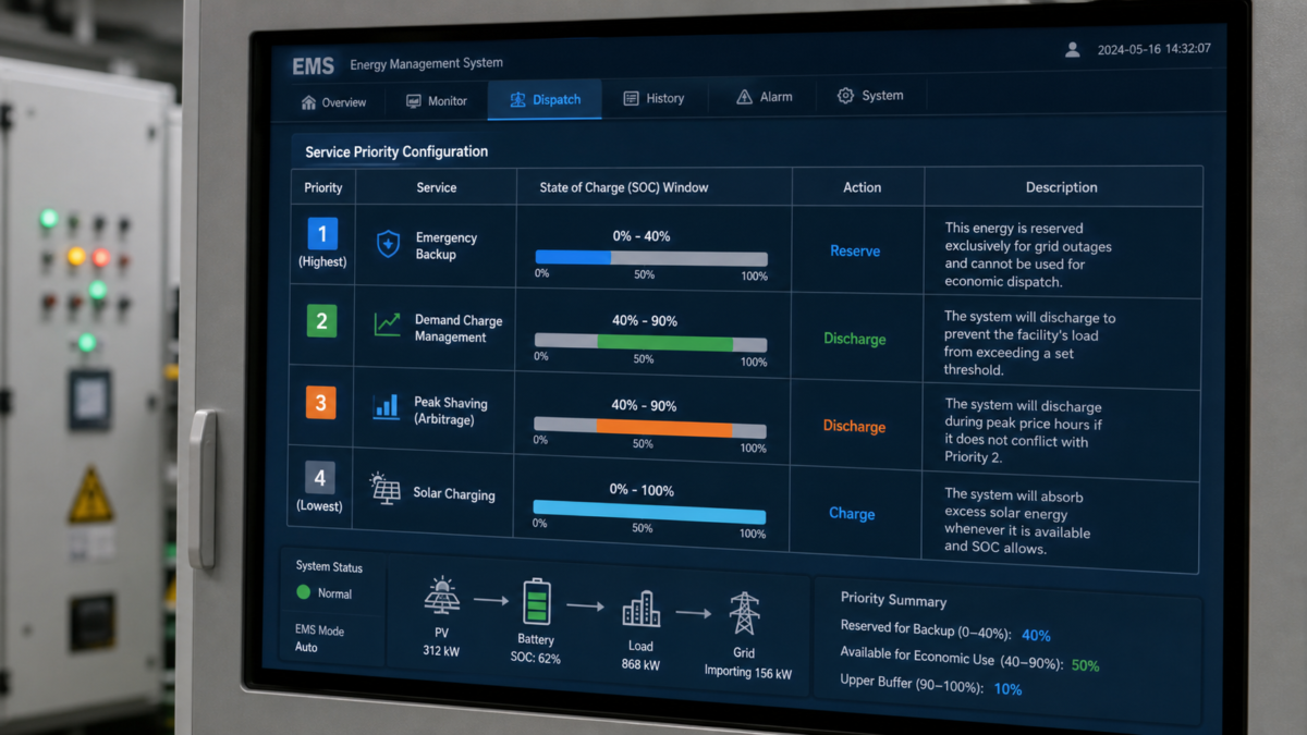 Defining Service Priority to Prevent System Failure Modes A control panel screen displaying a service priority table for an energy management system
