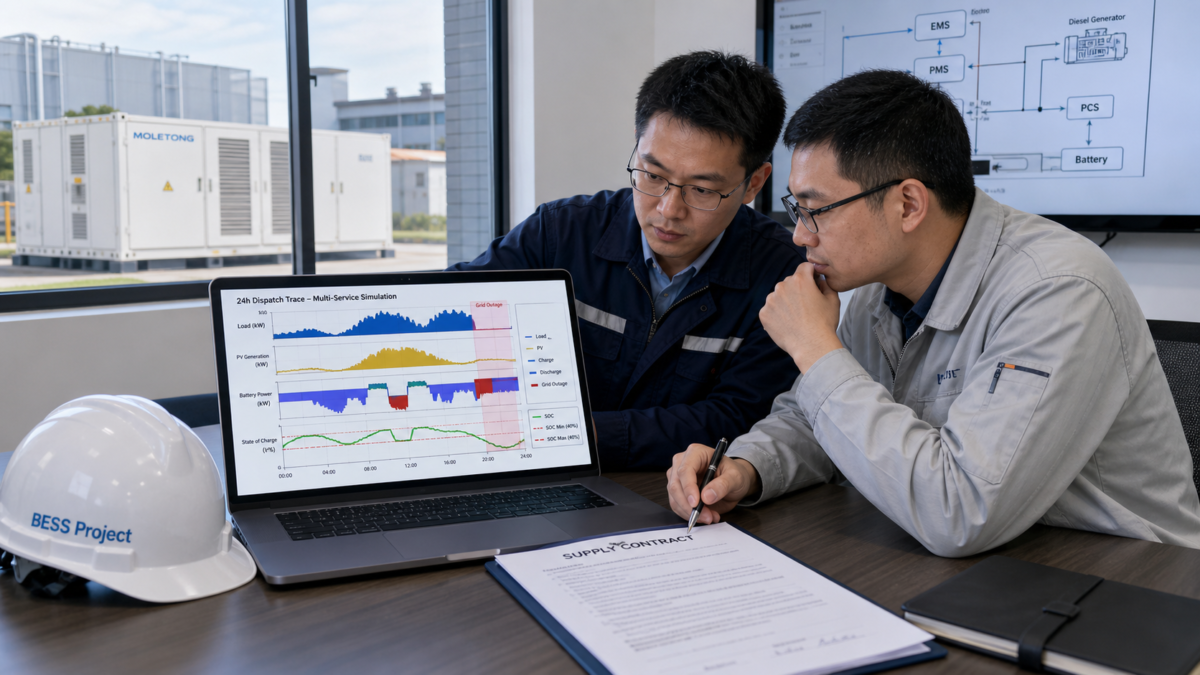 Key Technical Questions for Your Battery Storage Contract Two engineers reviewing a dispatch trace simulation on a laptop before signing a supply contract