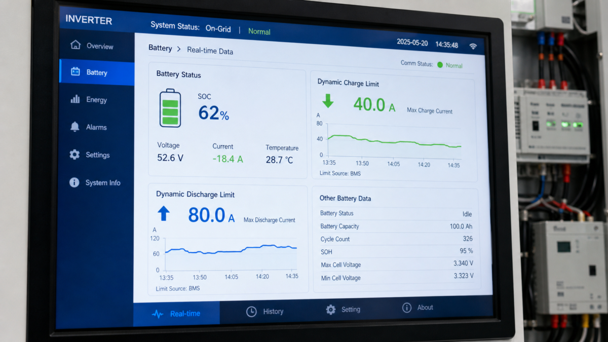 The Critical Role of Dynamic Charge Limits. A screenshot of an inverter's monitoring screen displaying dynamic battery charge and discharge current limits in real-time.