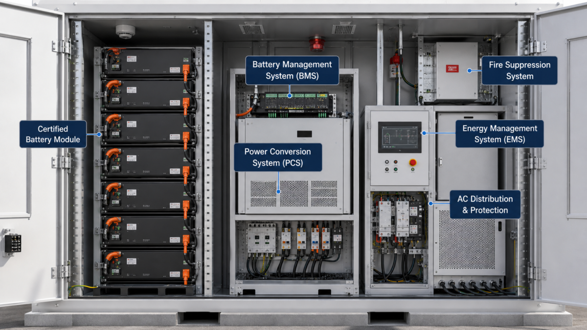 Diagram showing a certified battery module connected to other components in a complete BESS cabinet.