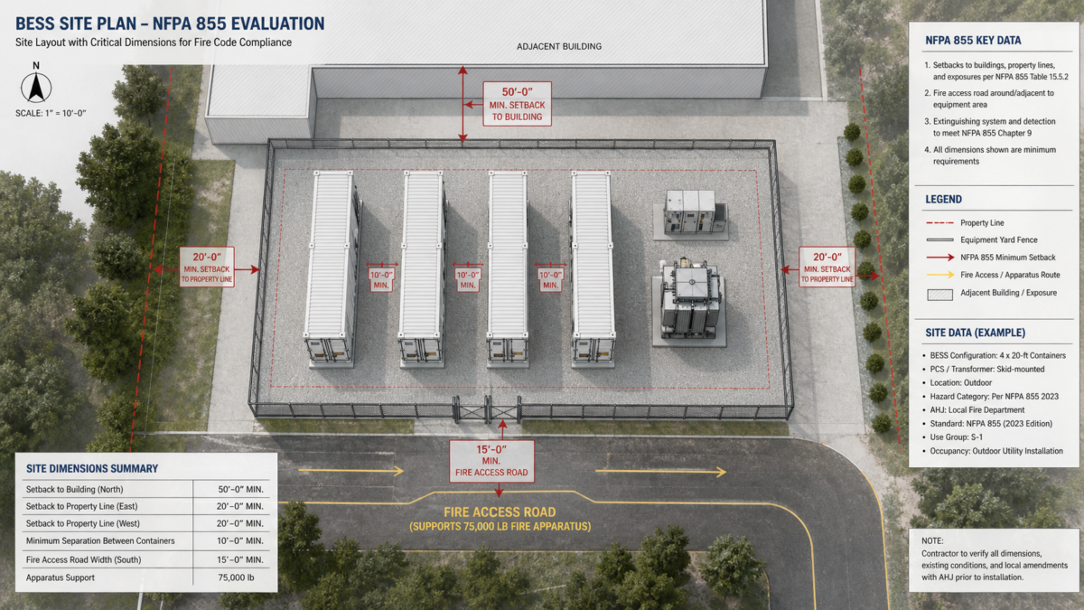 An engineering site plan for a BESS installation with critical dimensions for fire code highlighted.