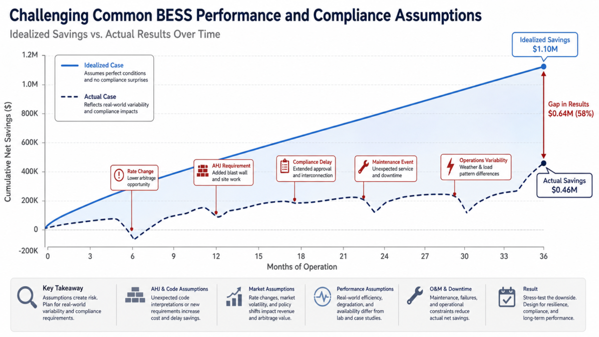 A comparative graph showing the idealized smooth savings of a BESS versus the actual, volatile results.