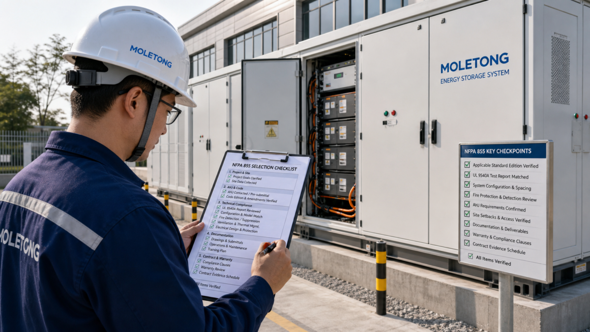 A project manager using a detailed checklist to verify a commercial Moletong BESS installation.