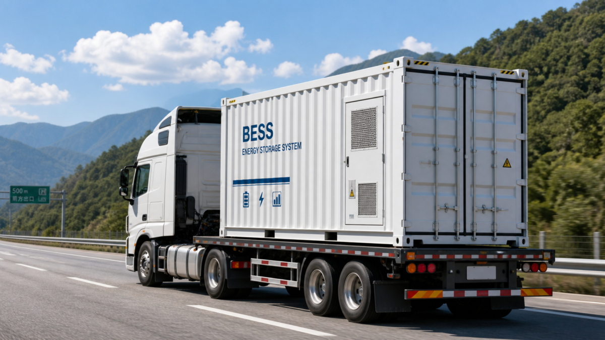 A semi-truck carefully transporting a 20ft BESS container along a highway, highlighting the logistics of moving heavy equipment.