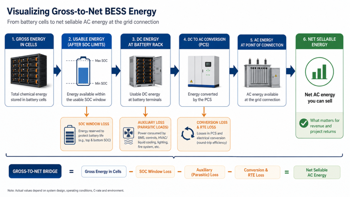An infographic diagram showing the flow of energy from gross capacity within battery cells to net sellable energy, highlighting losses.