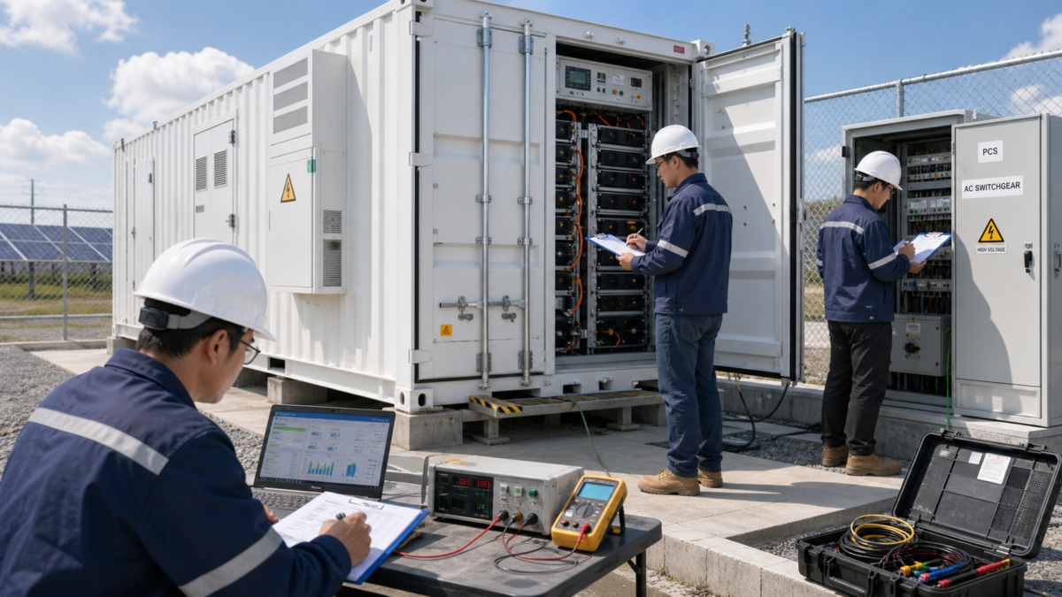 Engineers with clipboards and testing equipment conducting a site acceptance test on a newly installed BESS container.