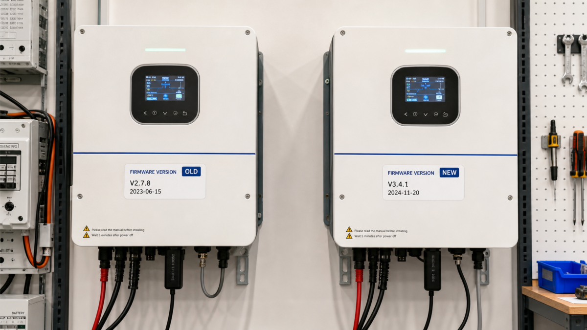 Why Firmware Versions Affect Communication Outcomes. Two identical-looking inverters side-by-side, one with an old firmware sticker and one with a new one.