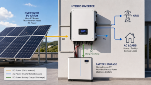 A system diagram showing oversized PV panels, a hybrid inverter, and battery storage with arrows indicating power flow.