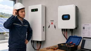 An engineer looking confused at a battery and an inverter with a disconnected RS485 cable between them.