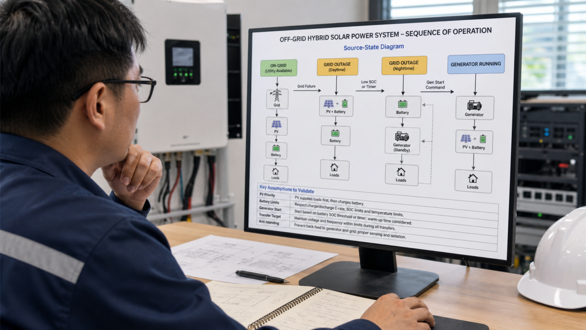 Focusing on the System's Operating Sequence An engineer reviewing a sequence-of-operation chart for an off-grid solar power system on a computer screen.