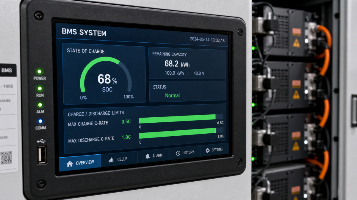 How Battery Limits Dictate System Performance Close-up of a battery management system (BMS) display showing state-of-charge and C-rate limits.