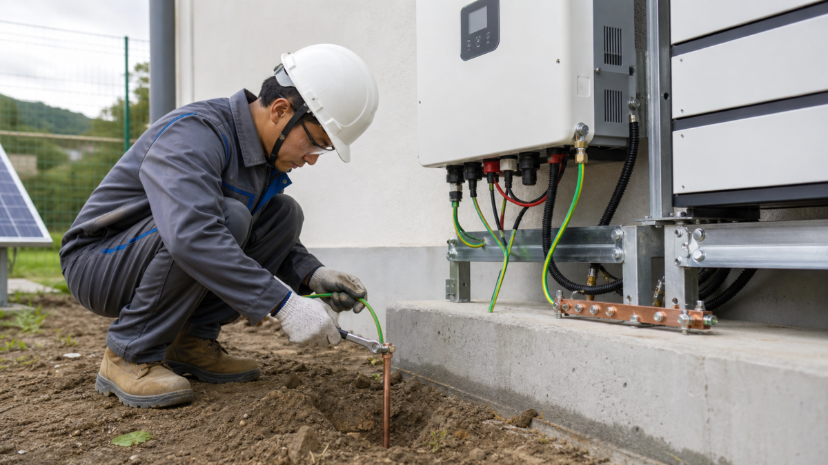 The Importance of a Correct Earthing Scheme An electrician installing a grounding rod and connecting wiring for a solar inverter's earthing system.
