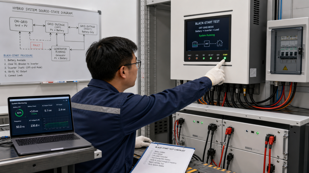 Turning System Assumptions into Testable Specifications A technician conducting a black-start test on a hybrid inverter and battery system in a workshop.