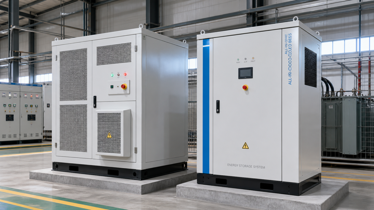 Comparing Air-Cooled and AIO Liquid-Cooled BESS Technologies An air-cooled BESS cabinet sits beside a liquid-cooled all-in-one BESS cabinet in an industrial facility.