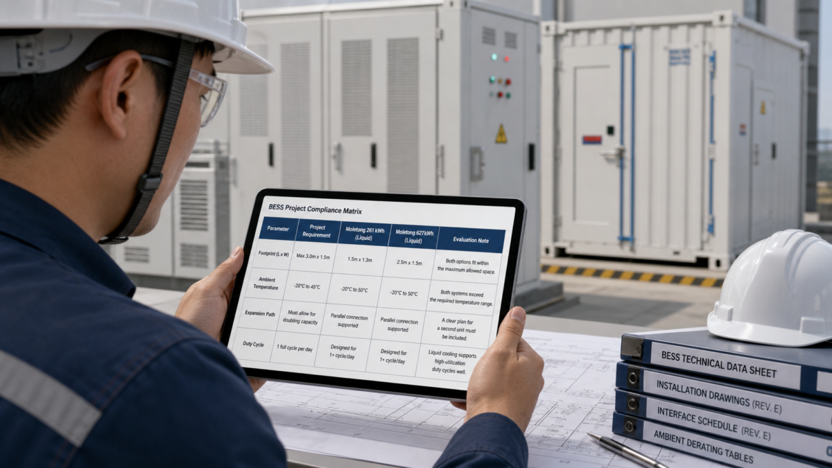 Defining BESS Project Success with a Compliance Matrix An engineer studies a technical compliance matrix for a BESS installation on a digital tablet.