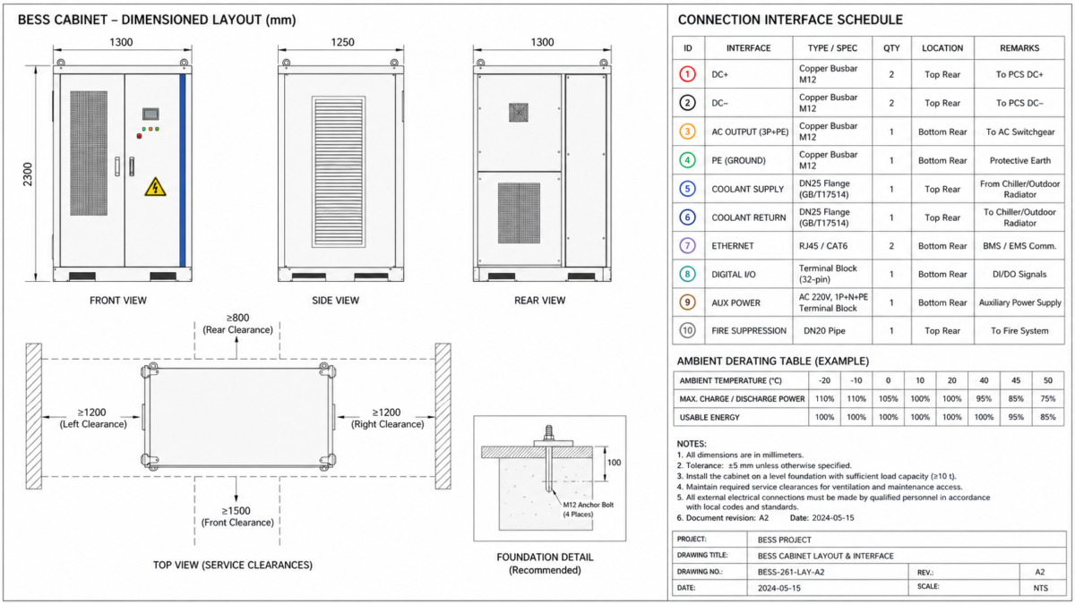 Essential Technical Evidence for BESS Evaluation A detailed engineering drawing shows the dimensioned layout and connection interface schedule for a BESS.