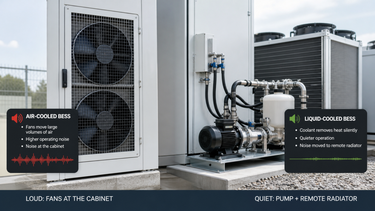 The BESS Enclosure Size vs. Operating Noise Trade-Off A comparison showing a loud air-cooled BESS fan versus a quiet liquid cooling pump and radiator system.