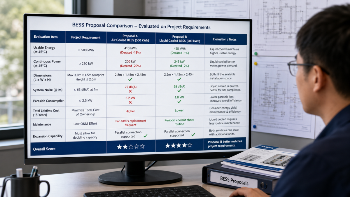 Comparing Different BESS Proposals on an Equal Basis A side-by-side comparison table on a computer screen evaluates two different BESS proposals against project requirements.