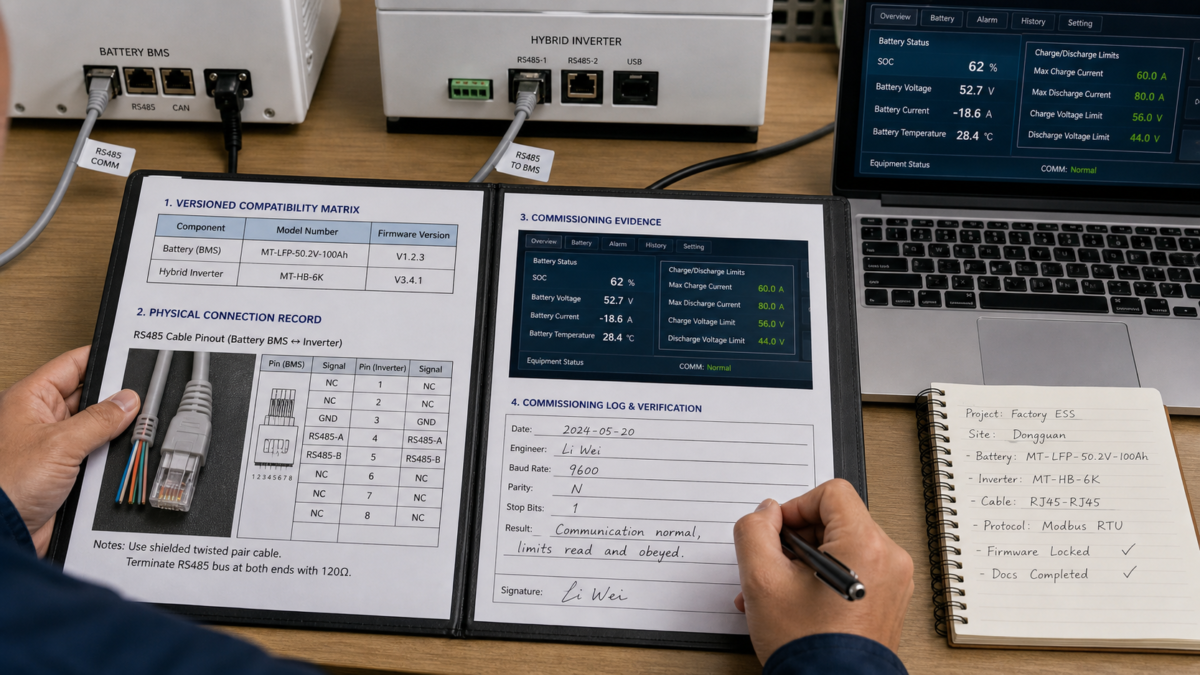 How to Properly Document Your System's Compatibility. A technician's checklist showing a compatibility matrix, a photo of a cable pinout, and commissioning log data.