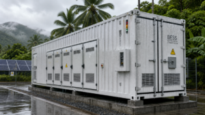 A large containerized battery energy storage system operating in a humid, tropical environment with visible condensation on its exterior.