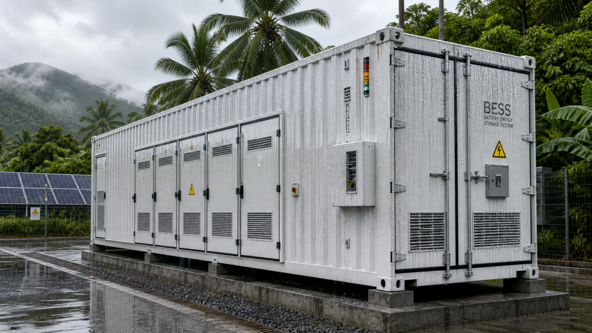 A large containerized battery energy storage system operating in a humid, tropical environment with visible condensation on its exterior.