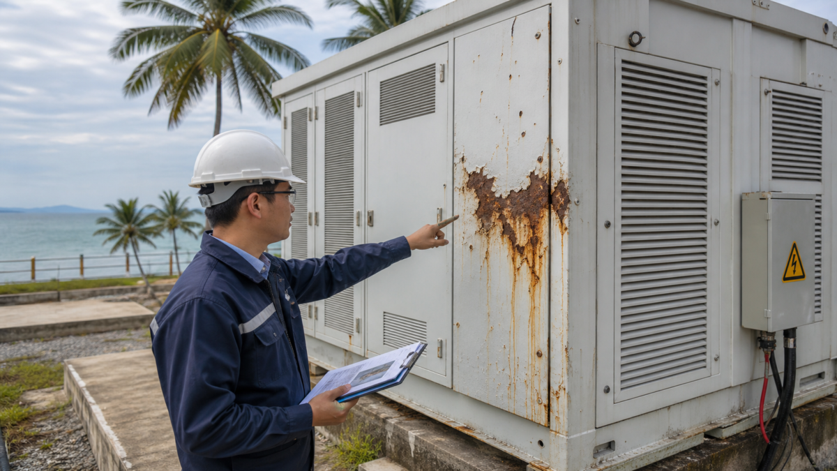 An engineer points to a patch of rust and corrosion on the exterior of a BESS cabinet installed near a tropical coastline.