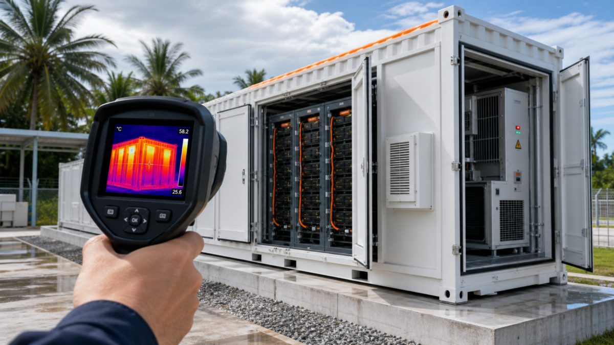 A thermal imaging camera displays the heat distribution across a BESS container, highlighting hot spots during peak operational load.