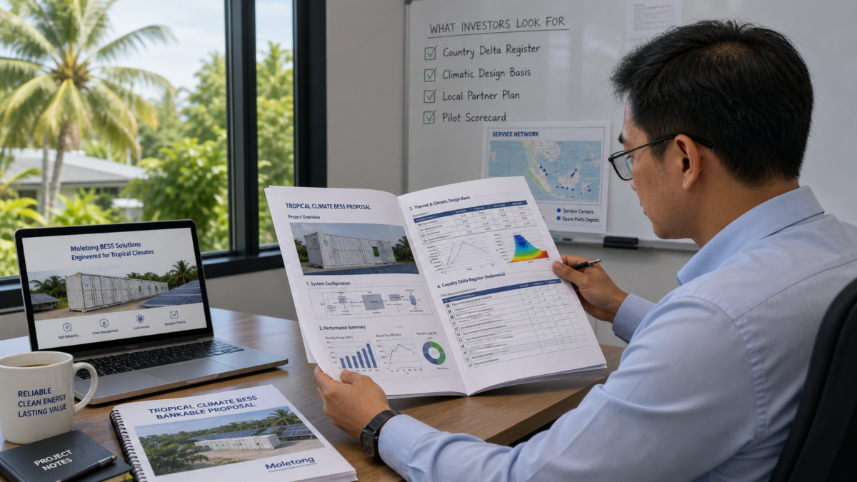A project manager carefully reviews a detailed BESS proposal document filled with charts and tables for a tropical climate project.