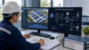 An engineer reviewing a solar panel layout on a screen alongside electrical grid schematics for interconnection