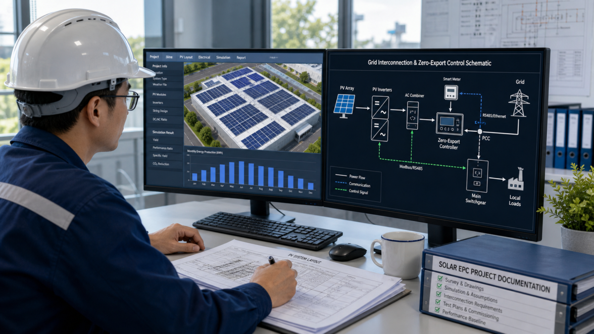 An engineer reviewing a solar panel layout on a screen alongside electrical grid schematics for interconnection