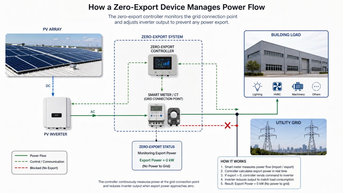 A diagram showing a zero-export device monitoring power flow between a solar installation, building load, and the grid