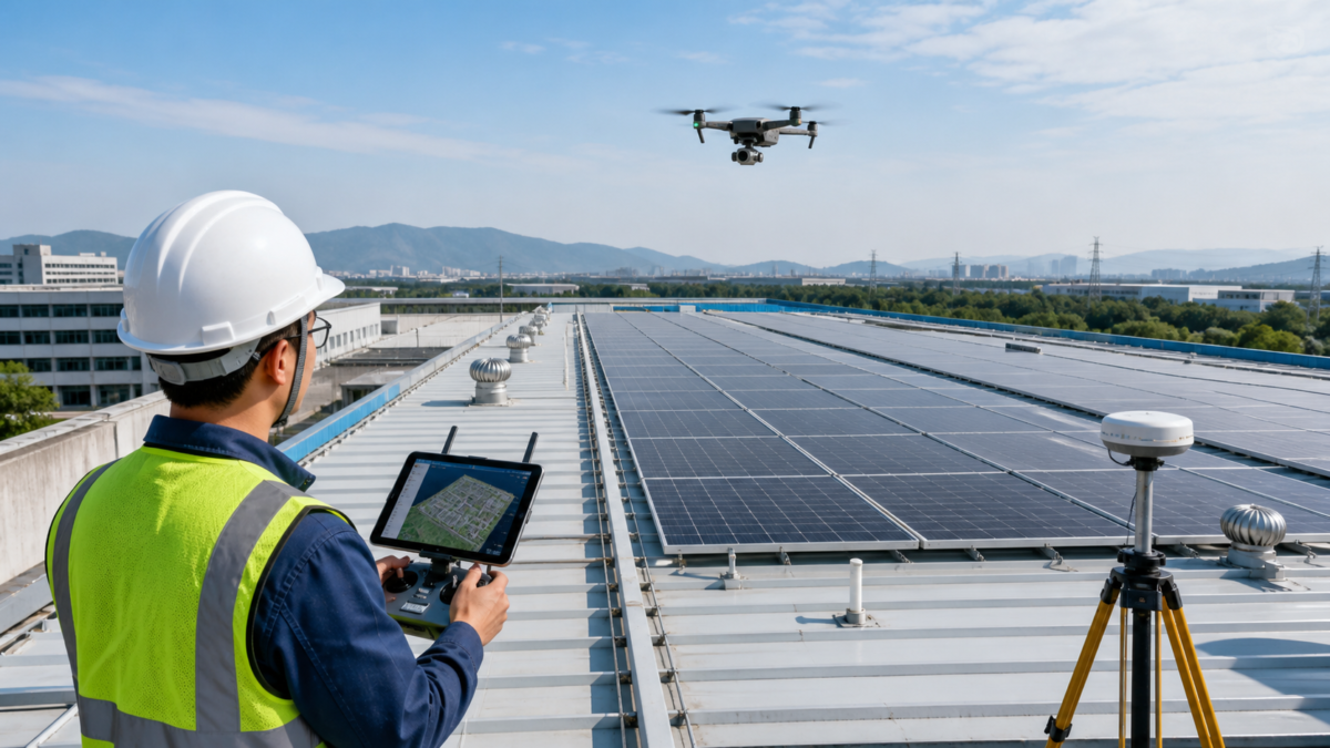 A surveyor using a drone to map a large industrial rooftop for a solar panel installation