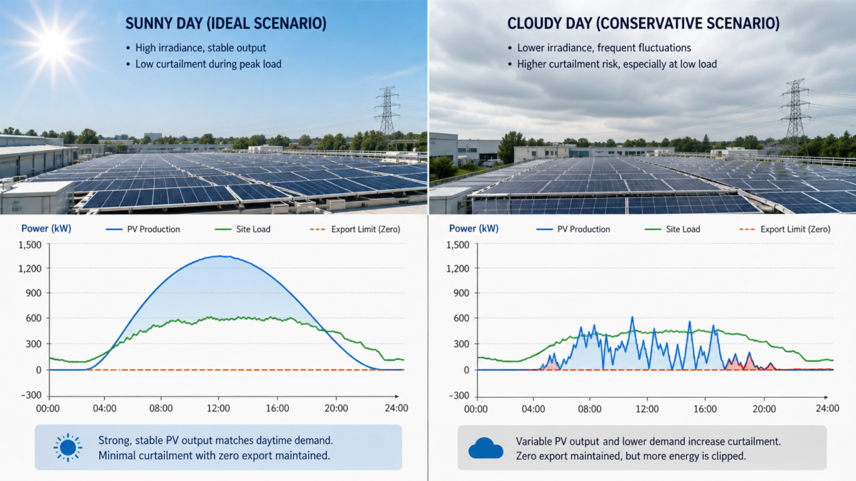 A split-screen showing a sunny-day solar production graph versus a cloudy-day graph with fluctuating output