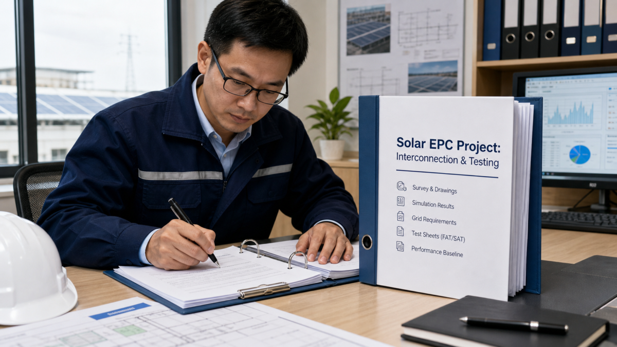 A project manager signing off on a technical document binder labeled Solar EPC Project: Interconnection & Testing